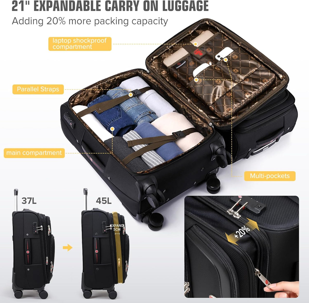 ROPLUS Underseat Carry-On Luggage Lightweight Rolling Tote Bag with 4 Spinner Wheels (Black, 16-Inch)