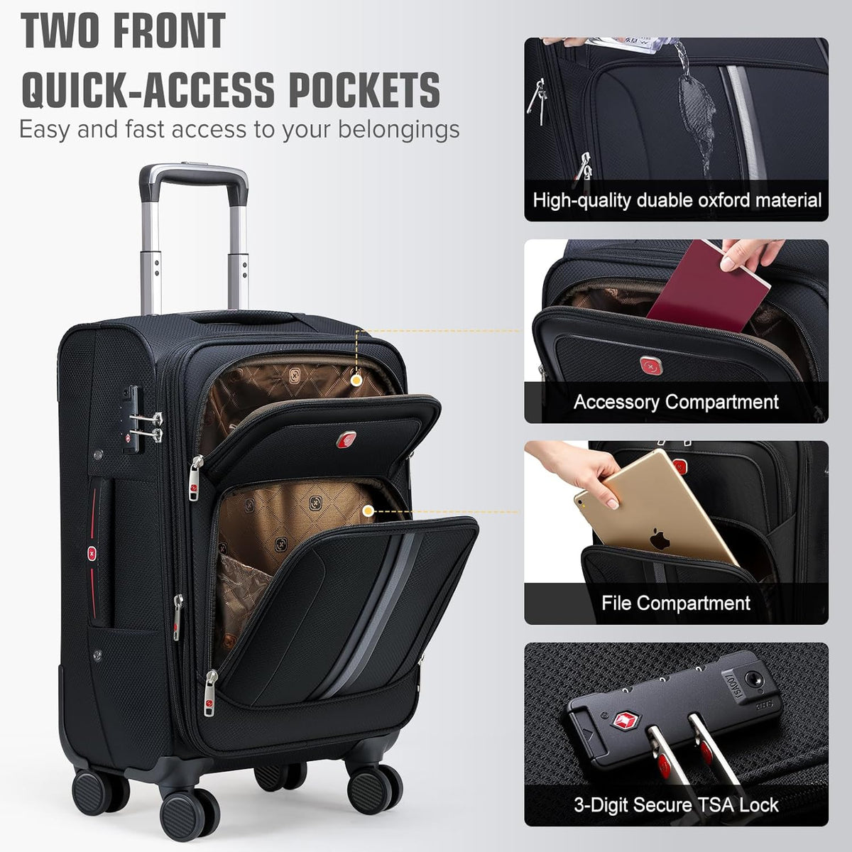 ROPLUS Underseat Carry-On Luggage Lightweight Rolling Tote Bag with 4 Spinner Wheels (Black, 16-Inch)