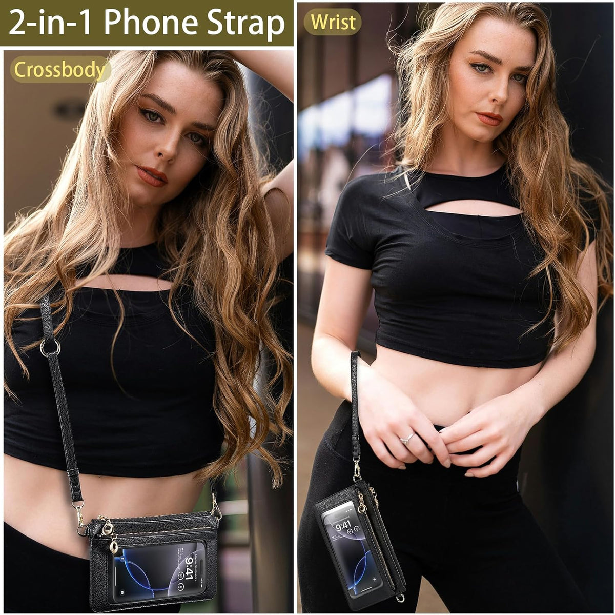 Small Crossbody Bags for Women Cell Phone Purse Touch Screen Bag Clutch Vegan Leather 2 in 1 Adjustable Neck Strap and Wrist