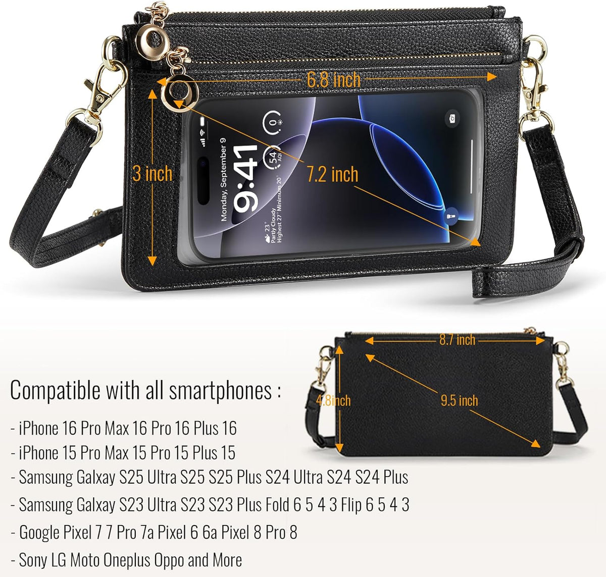 Small Crossbody Bags for Women Cell Phone Purse Touch Screen Bag Clutch Vegan Leather 2 in 1 Adjustable Neck Strap and Wrist