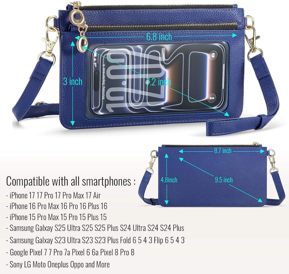 Small Crossbody Bags for Women Cell Phone Purse Touch Screen Bag Clutch Vegan Leather 2 in 1 Adjustable Neck Strap and Wrist