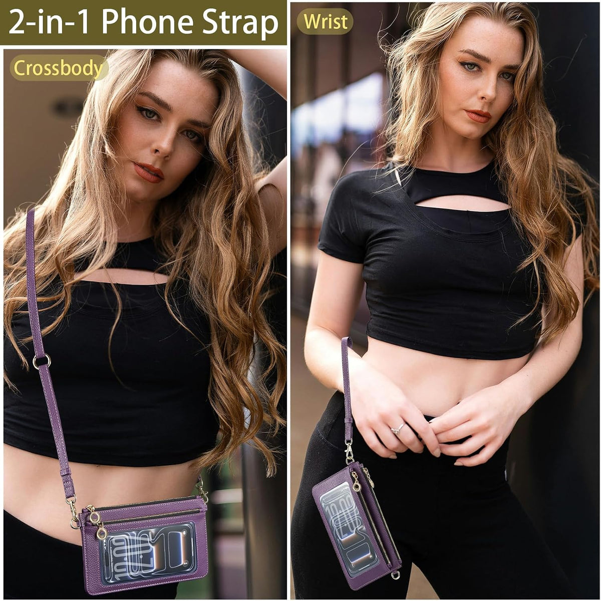Small Crossbody Bags for Women Cell Phone Purse Touch Screen Bag Clutch Vegan Leather 2 in 1 Adjustable Neck Strap and Wrist