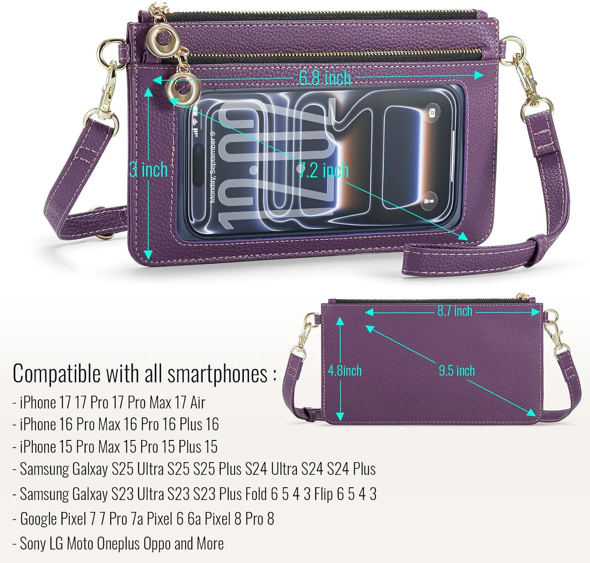 Small Crossbody Bags for Women Cell Phone Purse Touch Screen Bag Clutch Vegan Leather 2 in 1 Adjustable Neck Strap and Wrist