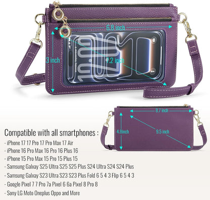 Small Crossbody Bags for Women Cell Phone Purse Touch Screen Bag Clutch Vegan Leather 2 in 1 Adjustable Neck Strap and Wrist