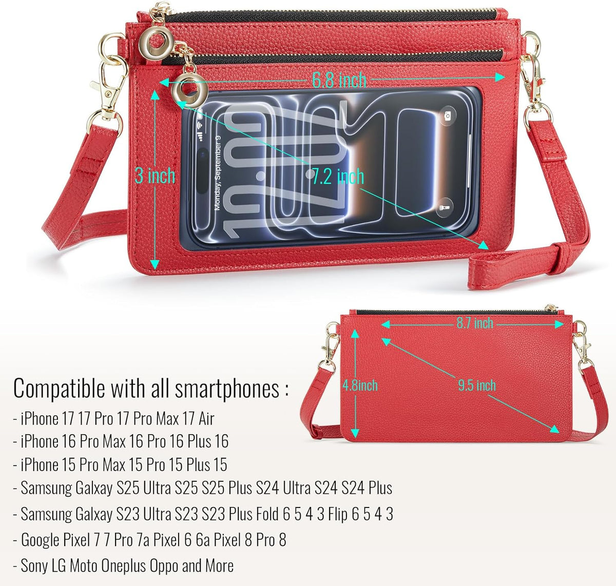 Small Crossbody Bags for Women Cell Phone Purse Touch Screen Bag Clutch Vegan Leather 2 in 1 Adjustable Neck Strap and Wrist