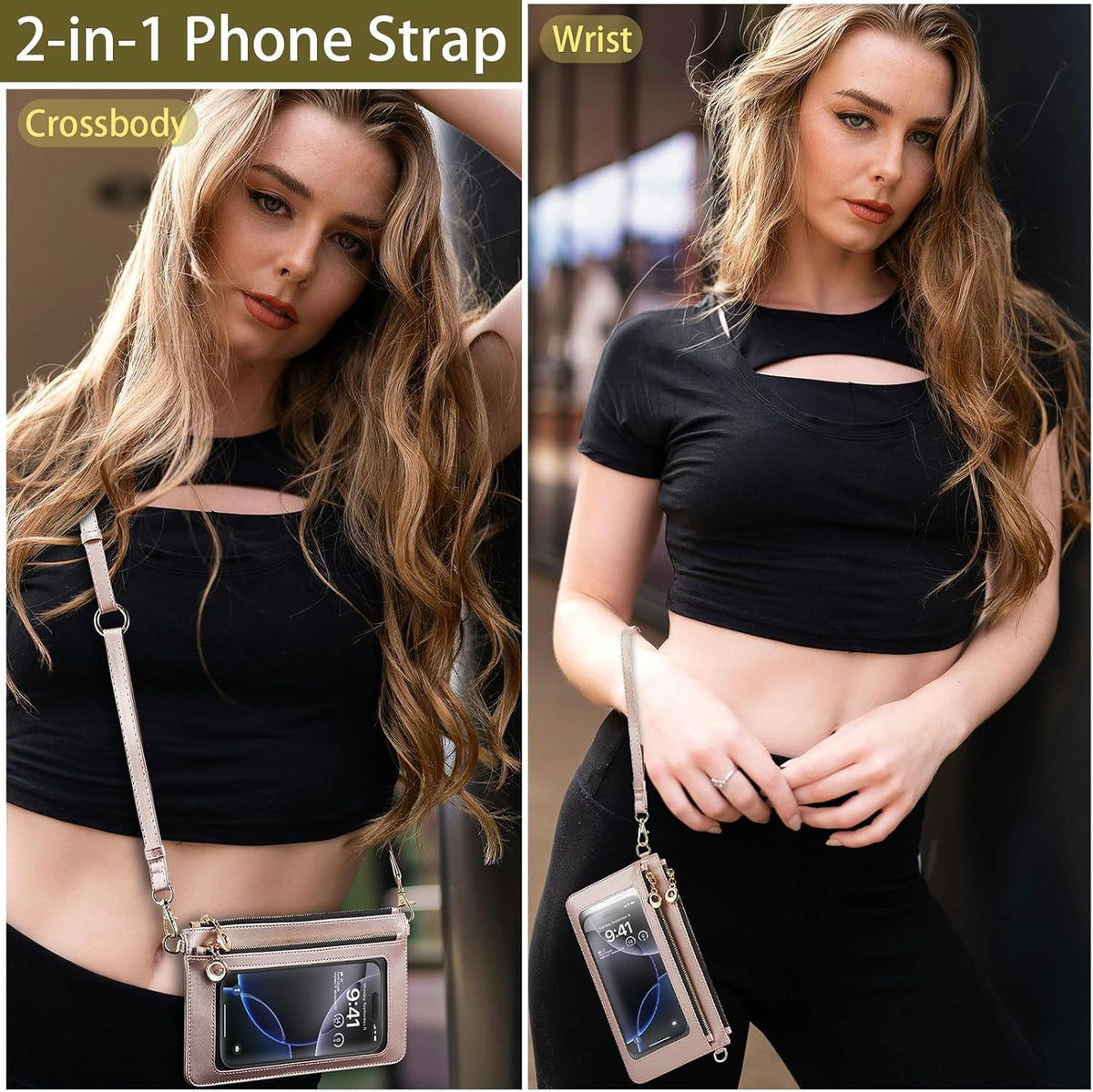 Small Crossbody Bags for Women Cell Phone Purse Touch Screen Bag Clutch Vegan Leather 2 in 1 Adjustable Neck Strap and Wrist