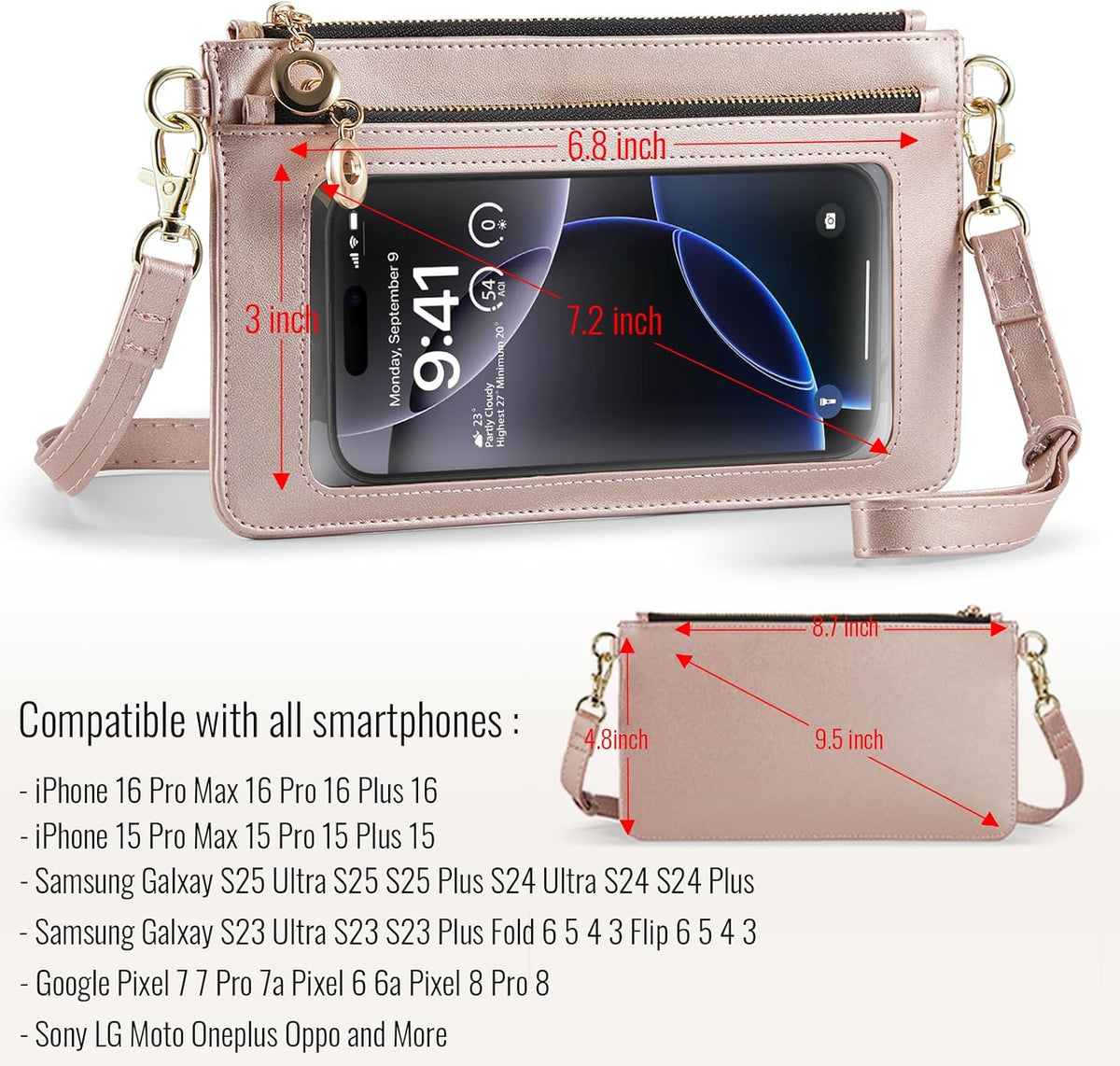 Small Crossbody Bags for Women Cell Phone Purse Touch Screen Bag Clutch Vegan Leather 2 in 1 Adjustable Neck Strap and Wrist