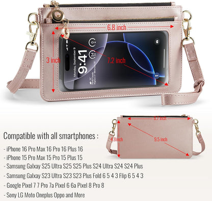 Small Crossbody Bags for Women Cell Phone Purse Touch Screen Bag Clutch Vegan Leather 2 in 1 Adjustable Neck Strap and Wrist