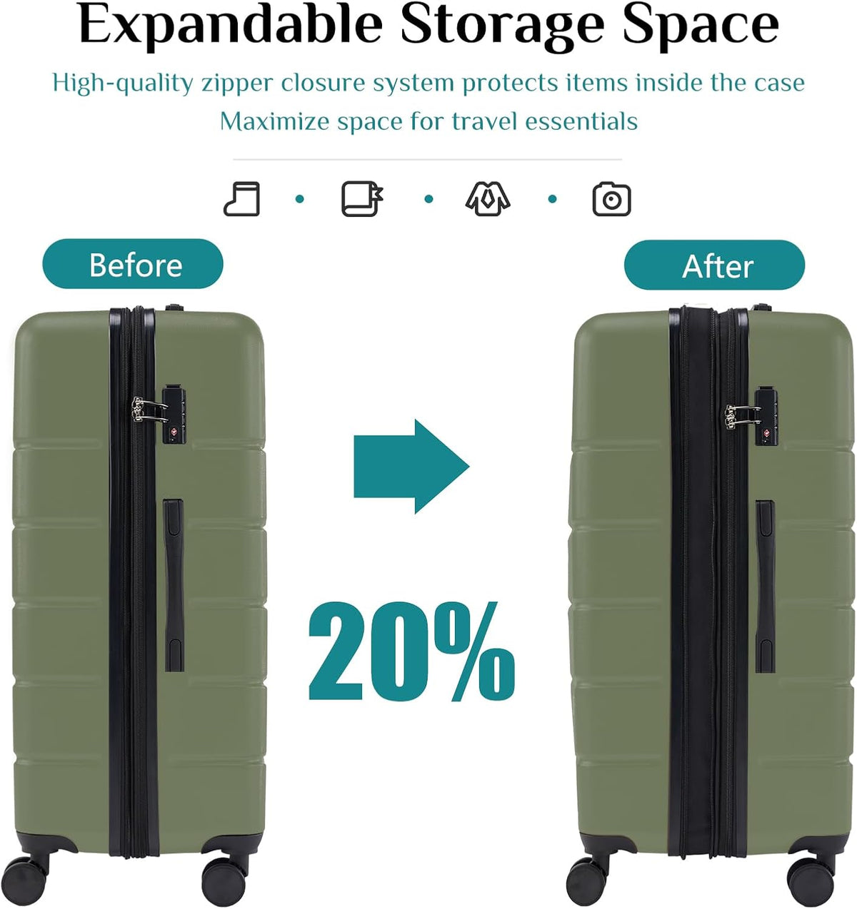 20 Inch Carry-On Luggage, Hardside Suitcase with Spinner Wheels, Lightweight ABS Hard Shell Travel Luggage, TSA Approved Lock, Expandable Small Suitcase for Business & Travel–Olive Green