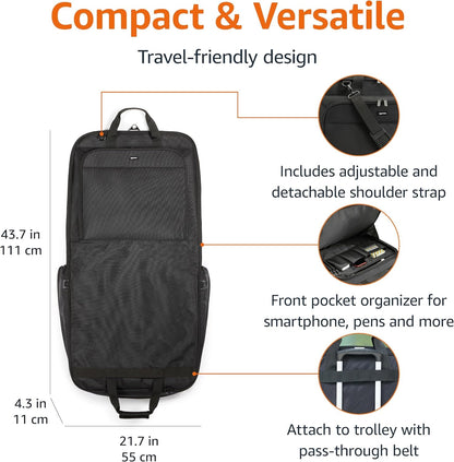 43" Travel Garment Bag Travel, Spacious Suit Bag with Detachable Shoulder Strap, Exterior/Interior Pockets, Imitation leather-reinforced Corners, Trifold, Black