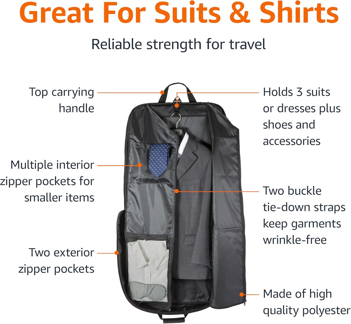 43" Travel Garment Bag Travel, Spacious Suit Bag with Detachable Shoulder Strap, Exterior/Interior Pockets, Imitation leather-reinforced Corners, Trifold, Black