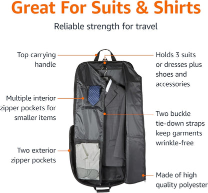 43" Travel Garment Bag Travel, Spacious Suit Bag with Detachable Shoulder Strap, Exterior/Interior Pockets, Imitation leather-reinforced Corners, Trifold, Black
