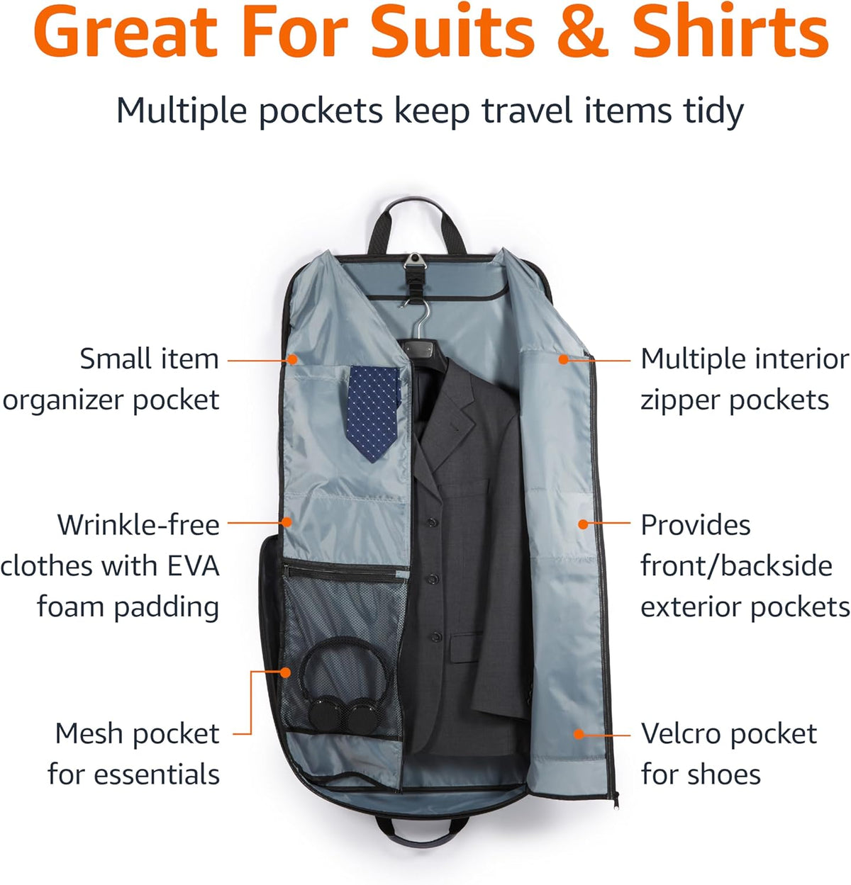 43" Travel Garment Bag Travel, Spacious Suit Bag with Detachable Shoulder Strap, Exterior/Interior Pockets, Imitation leather-reinforced Corners, Trifold, Black