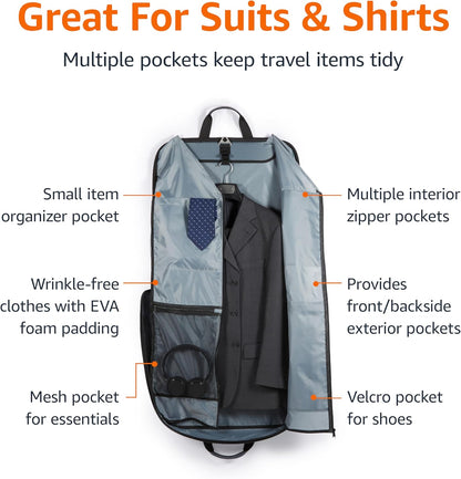 43" Travel Garment Bag Travel, Spacious Suit Bag with Detachable Shoulder Strap, Exterior/Interior Pockets, Imitation leather-reinforced Corners, Trifold, Black