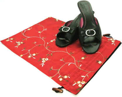 Beautiful Embroidered Silk Travel Bag for Lingerie & Shoes - Pink
