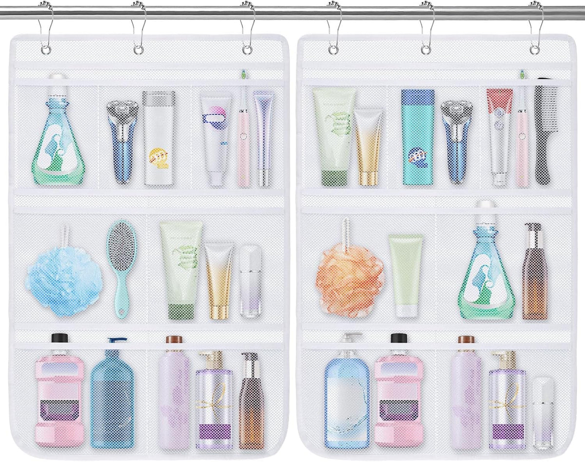 2 Pack Mesh Shower Caddy Hanging Organizer with 7 Pockets, Quick Dry Bathroom Storage Bag, Cruise Cabin and Dorm Essentials for Travel, Toiletry Organizer for Shampoo Soap