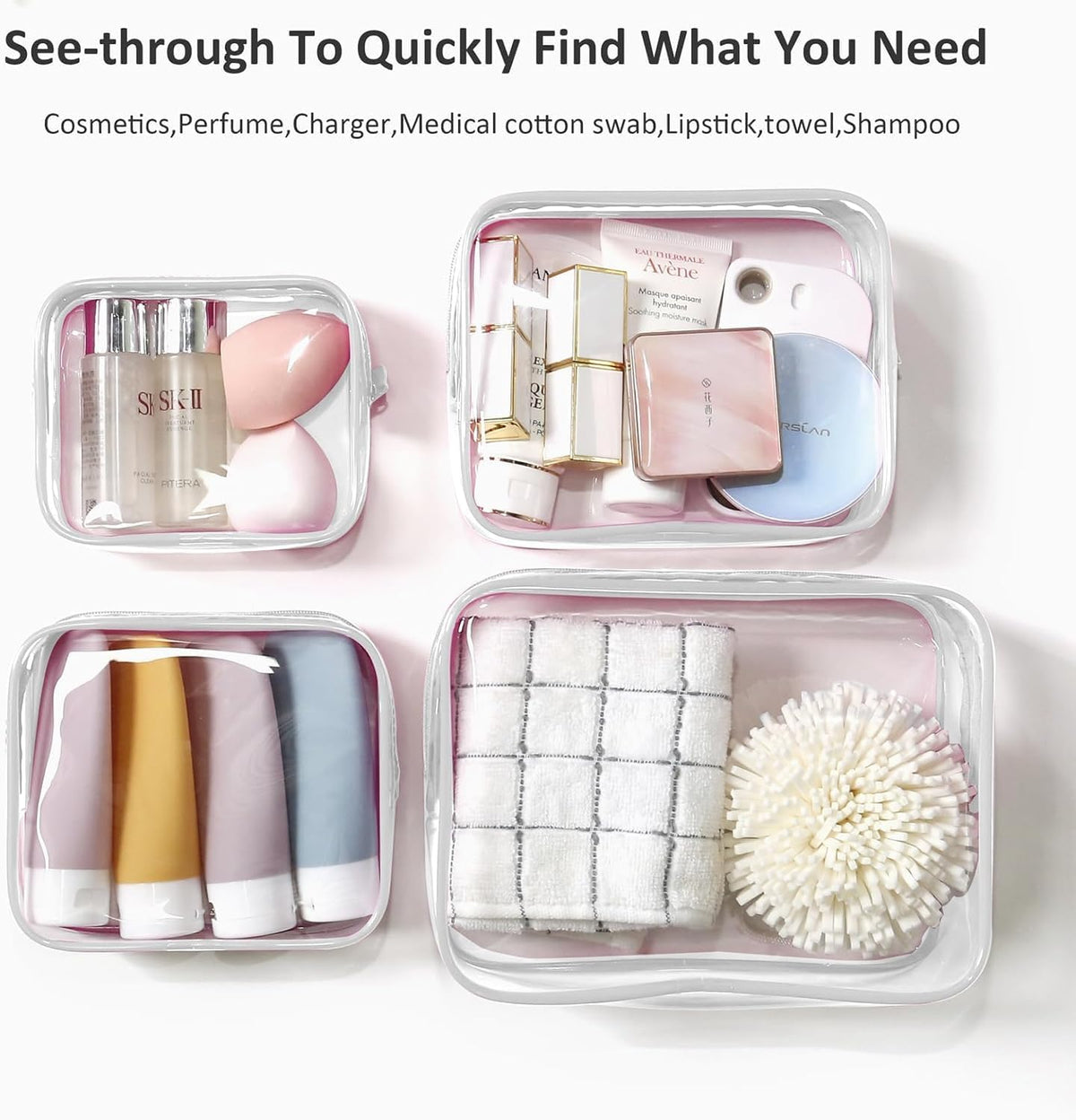 4 Pack Clear Toiletry Bags, Portable Travel Makeup Pouch with Zipper, TSA Approved Organizer, Clear Pouch Bags Compatible With Bogg Bag Divider Accessories(White)