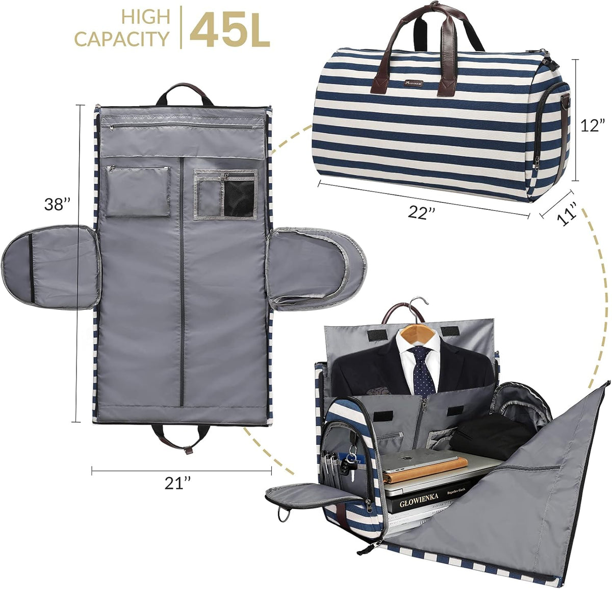 Convertible Garment Duffel Bag, 2-in-1 Hanging Suitcase for Travel | Eco-friendly garment bag converts hanging to duffel, Waterproof & wrinkle-resistant, Great for weekend or business travel.