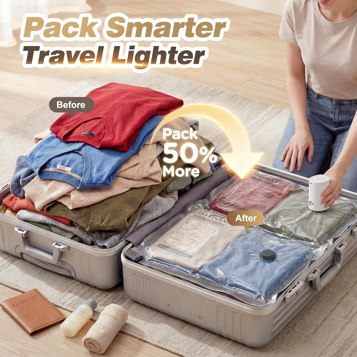 Vacuum Seal Bags for Clothing Travel with Rechargeable Electric Pump, Space Saver Vacuum Storage Bags Travel, Reusable Compression Bags for Luggage Home (Checkered)