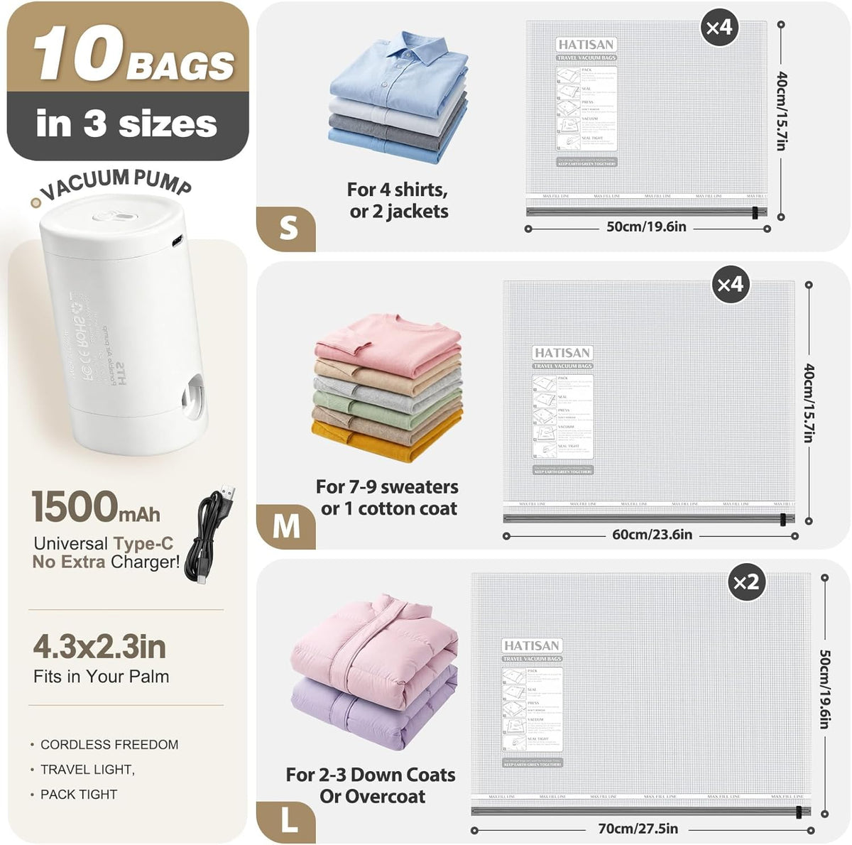 Vacuum Seal Bags for Clothing Travel with Rechargeable Electric Pump, Space Saver Vacuum Storage Bags Travel, Reusable Compression Bags for Luggage Home (Checkered)
