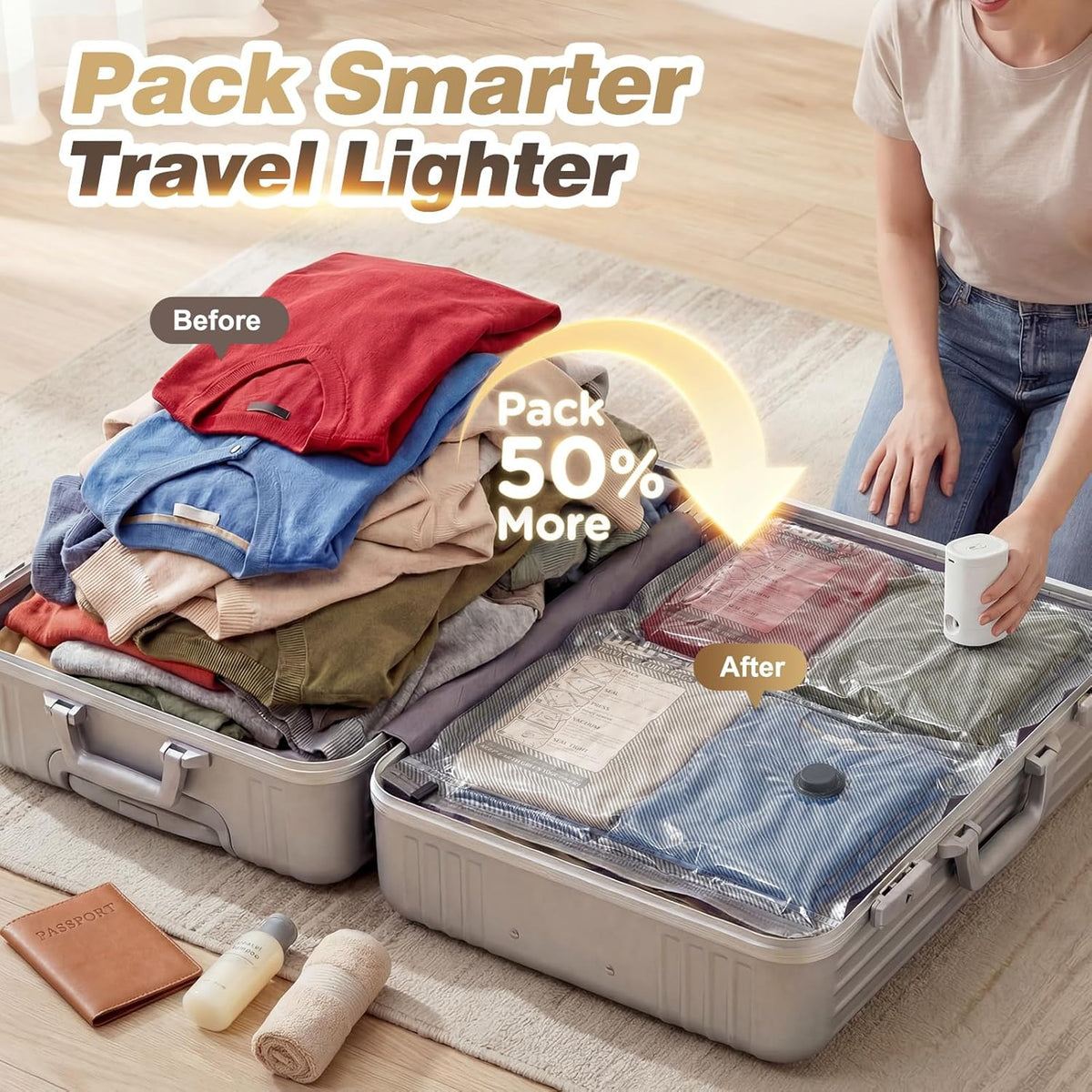 Vacuum Seal Bags for Clothing Travel with Rechargeable Electric Pump, Space Saver Vacuum Storage Bags Travel, Reusable Compression Bags for Luggage Home (Checkered)