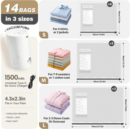 Vacuum Seal Bags for Clothing Travel with Rechargeable Electric Pump, Space Saver Vacuum Storage Bags Travel, Reusable Compression Bags for Luggage Home (Checkered)