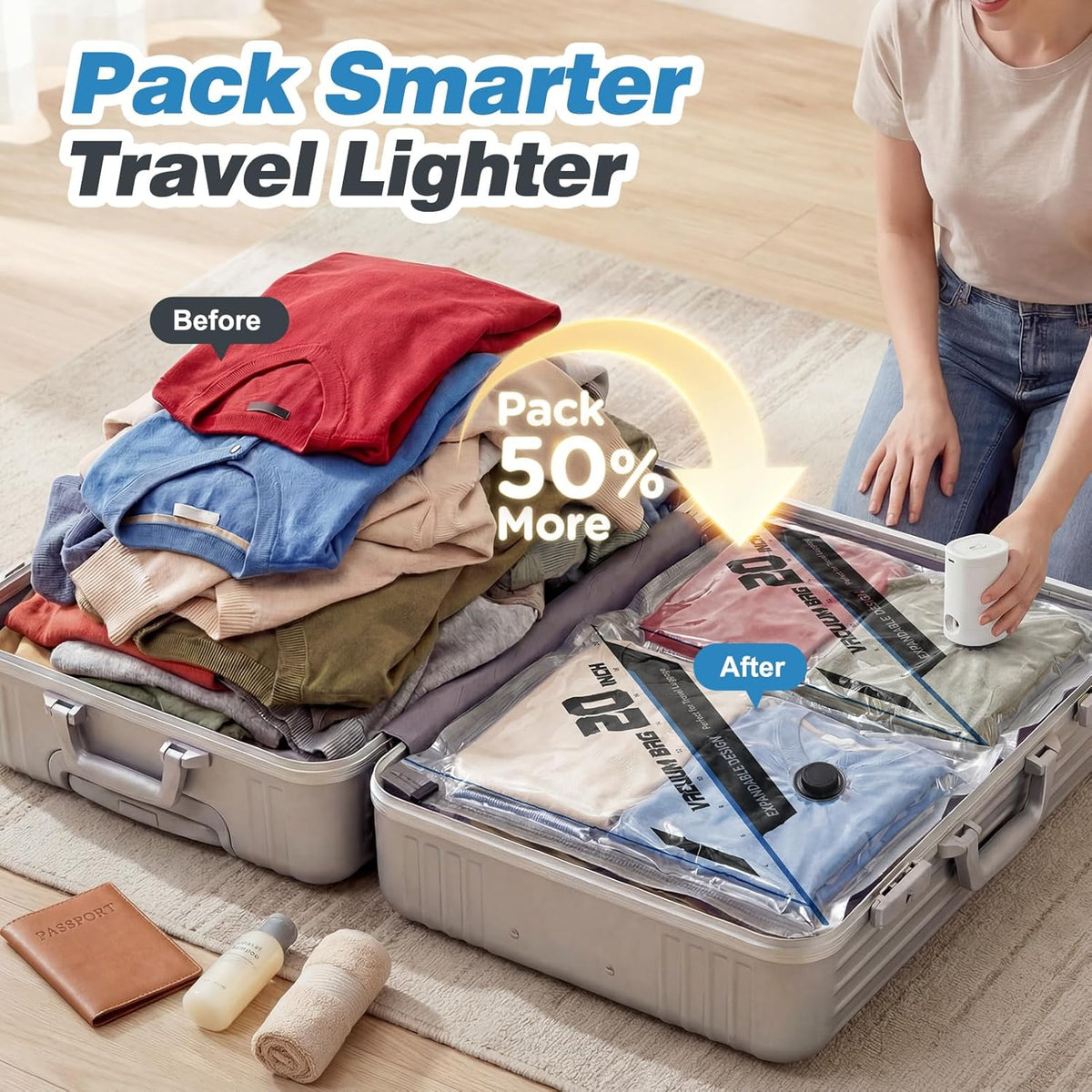 Vacuum Seal Bags for Clothing Travel with Rechargeable Electric Pump, Space Saver Vacuum Storage Bags Travel, Reusable Compression Bags for Luggage Home (Checkered)