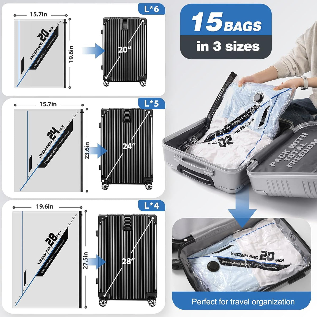 Vacuum Seal Bags for Clothing Travel with Rechargeable Electric Pump, Space Saver Vacuum Storage Bags Travel, Reusable Compression Bags for Luggage Home (Checkered)