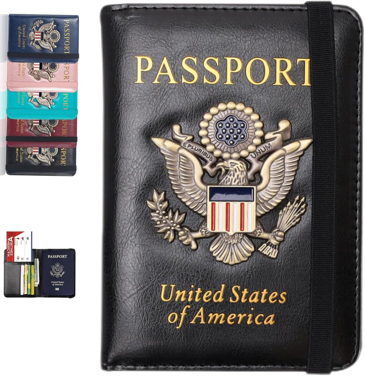 Passport Holder and Card Slot Combo RFID Blocking Leather Family Travel Passport Wallet Travel Accessories for Men Women US Passport Cover Protector (Travel black)