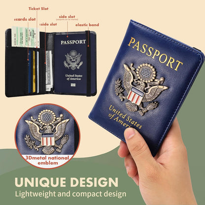 Passport Holder and Card Slot Combo RFID Blocking Leather Family Travel Passport Wallet Travel Accessories for Men Women US Passport Cover Protector (Travel black)