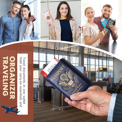 Passport Holder and Card Slot Combo RFID Blocking Leather Family Travel Passport Wallet Travel Accessories for Men Women US Passport Cover Protector (Travel black)