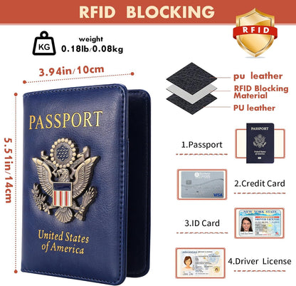 Passport Holder and Card Slot Combo RFID Blocking Leather Family Travel Passport Wallet Travel Accessories for Men Women US Passport Cover Protector (Travel black)