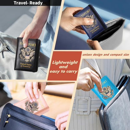 Passport Holder and Card Slot Combo RFID Blocking Leather Family Travel Passport Wallet Travel Accessories for Men Women US Passport Cover Protector (Travel black)