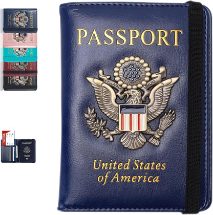 Passport Holder and Card Slot Combo RFID Blocking Leather Family Travel Passport Wallet Travel Accessories for Men Women US Passport Cover Protector (Travel black)