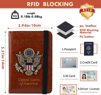 Passport Holder and Card Slot Combo RFID Blocking Leather Family Travel Passport Wallet Travel Accessories for Men Women US Passport Cover Protector (Travel black)