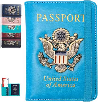 Passport Holder and Card Slot Combo RFID Blocking Leather Family Travel Passport Wallet Travel Accessories for Men Women US Passport Cover Protector (Travel black)