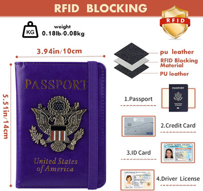 Passport Holder and Card Slot Combo RFID Blocking Leather Family Travel Passport Wallet Travel Accessories for Men Women US Passport Cover Protector (Travel black)
