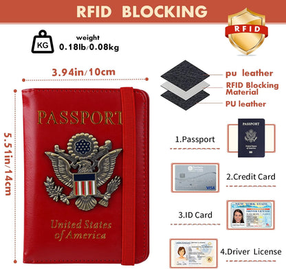 Passport Holder and Card Slot Combo RFID Blocking Leather Family Travel Passport Wallet Travel Accessories for Men Women US Passport Cover Protector (Travel black)
