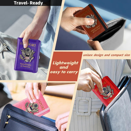 Passport Holder and Card Slot Combo RFID Blocking Leather Family Travel Passport Wallet Travel Accessories for Men Women US Passport Cover Protector (Travel black)