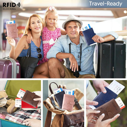 Passport Holder and Card Slot Combo RFID Blocking Leather Family Travel Passport Wallet Travel Accessories for Men Women US Passport Cover Protector (Travel black)