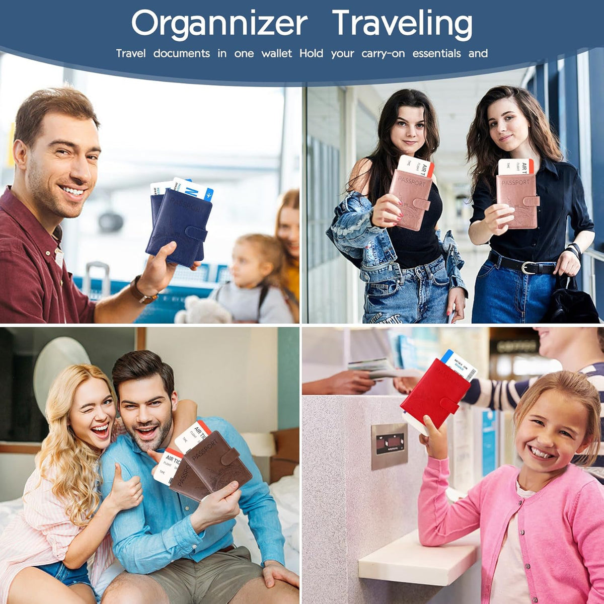 Passport Holder and Card Slot Combo RFID Blocking Leather Family Travel Passport Wallet Travel Accessories for Men Women US Passport Cover Protector (Travel black)
