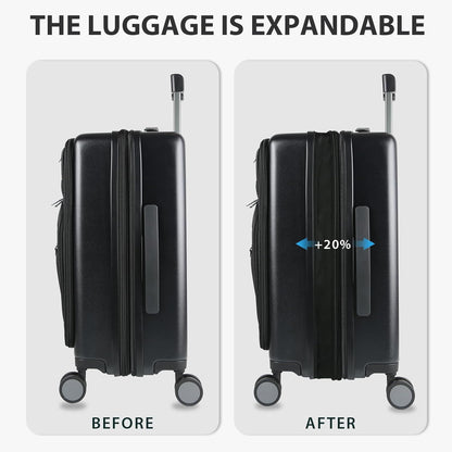 Hardside Expandable Carry On Luggage 22x14x9 Airline Approved With Front Business Pockets, 20 Inch Suitcases with Wheels, Carry on Suitcase with TSA Lock & USB Port, Black