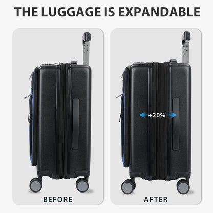 Hardside Expandable Carry On Luggage 22x14x9 Airline Approved With Front Business Pockets, 20 Inch Suitcases with Wheels, Carry on Suitcase with TSA Lock & USB Port, Black