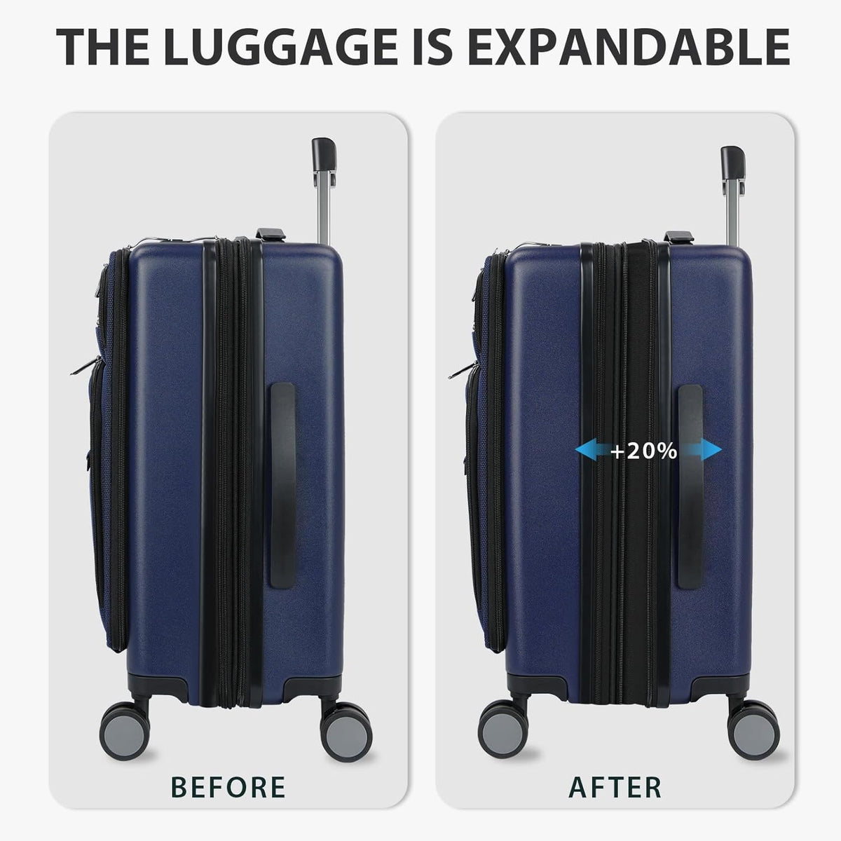 Hardside Expandable Carry On Luggage 22x14x9 Airline Approved With Front Business Pockets, 20 Inch Suitcases with Wheels, Carry on Suitcase with TSA Lock & USB Port, Black