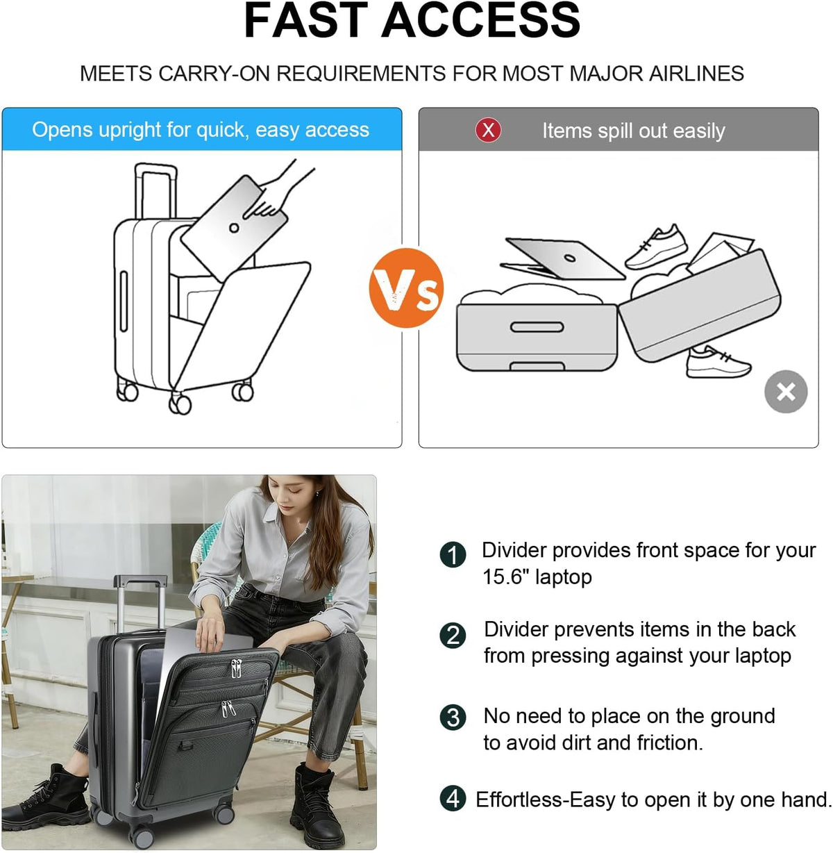 Hardside Expandable Carry On Luggage 22x14x9 Airline Approved With Front Business Pockets, 20 Inch Suitcases with Wheels, Carry on Suitcase with TSA Lock & USB Port, Black