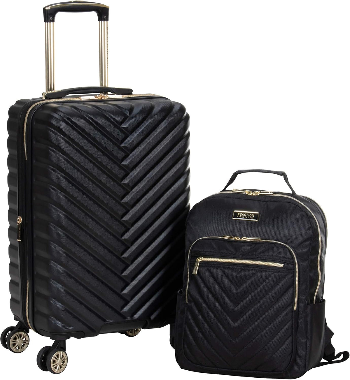 REACTION Madison Square Lightweight Hardside Chevron Expandable Spinner Luggage, Black, 2-Piece (20" Carry On + Tote)