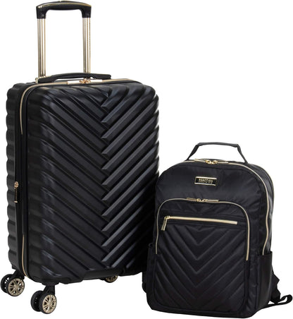 REACTION Madison Square Lightweight Hardside Chevron Expandable Spinner Luggage, Black, 2-Piece (20" Carry On + Tote)