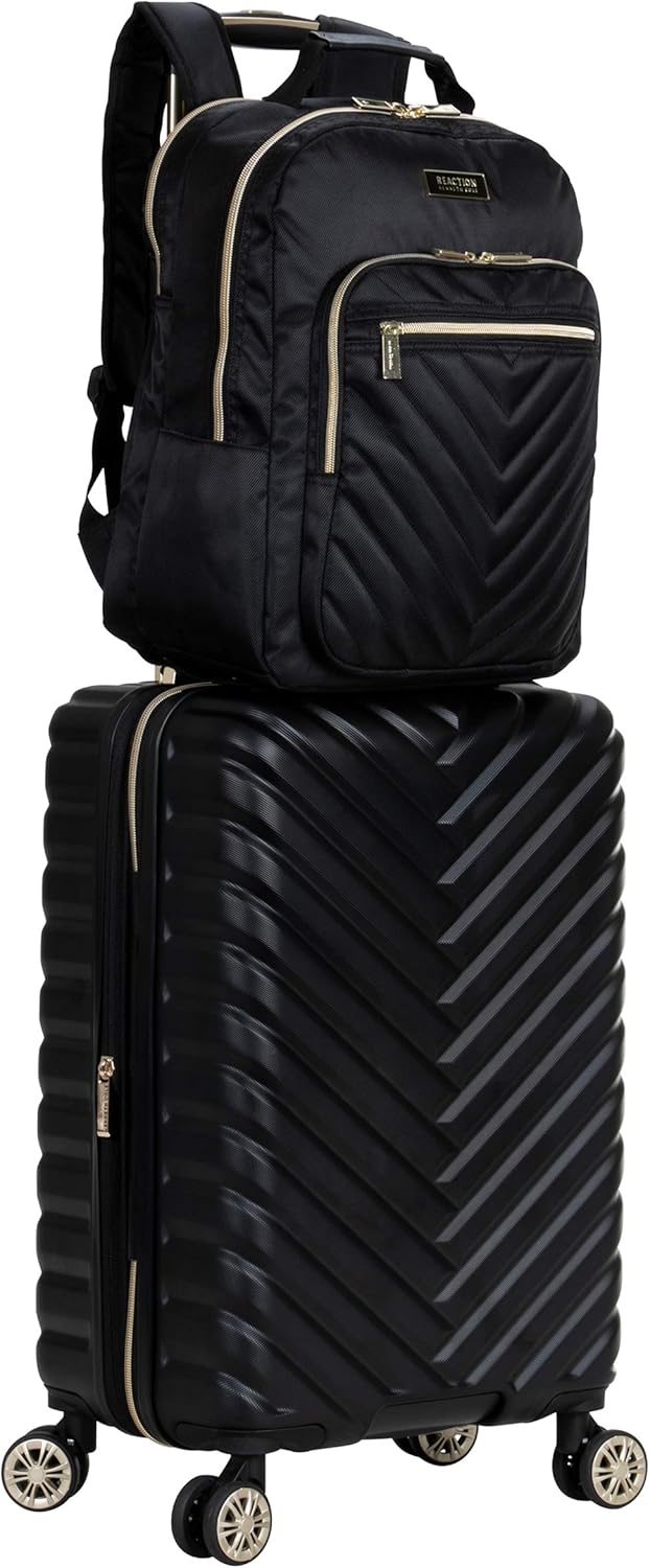 REACTION Madison Square Lightweight Hardside Chevron Expandable Spinner Luggage, Black, 2-Piece (20" Carry On + Tote)