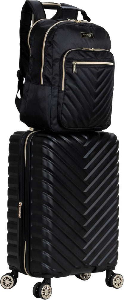 REACTION Madison Square Lightweight Hardside Chevron Expandable Spinner Luggage, Black, 2-Piece (20" Carry On + Tote)