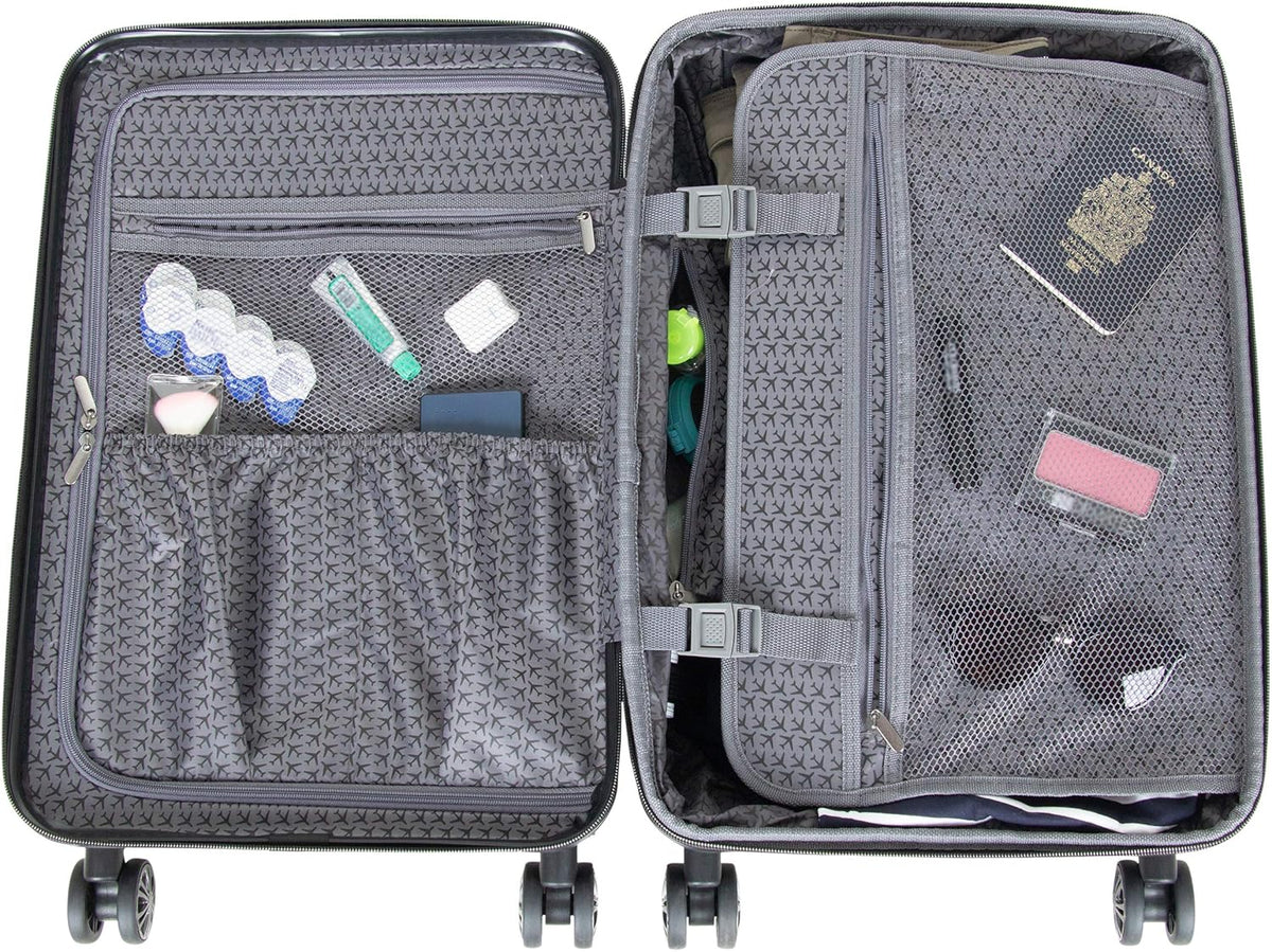 REACTION Madison Square Lightweight Hardside Chevron Expandable Spinner Luggage, Black, 2-Piece (20" Carry On + Tote)